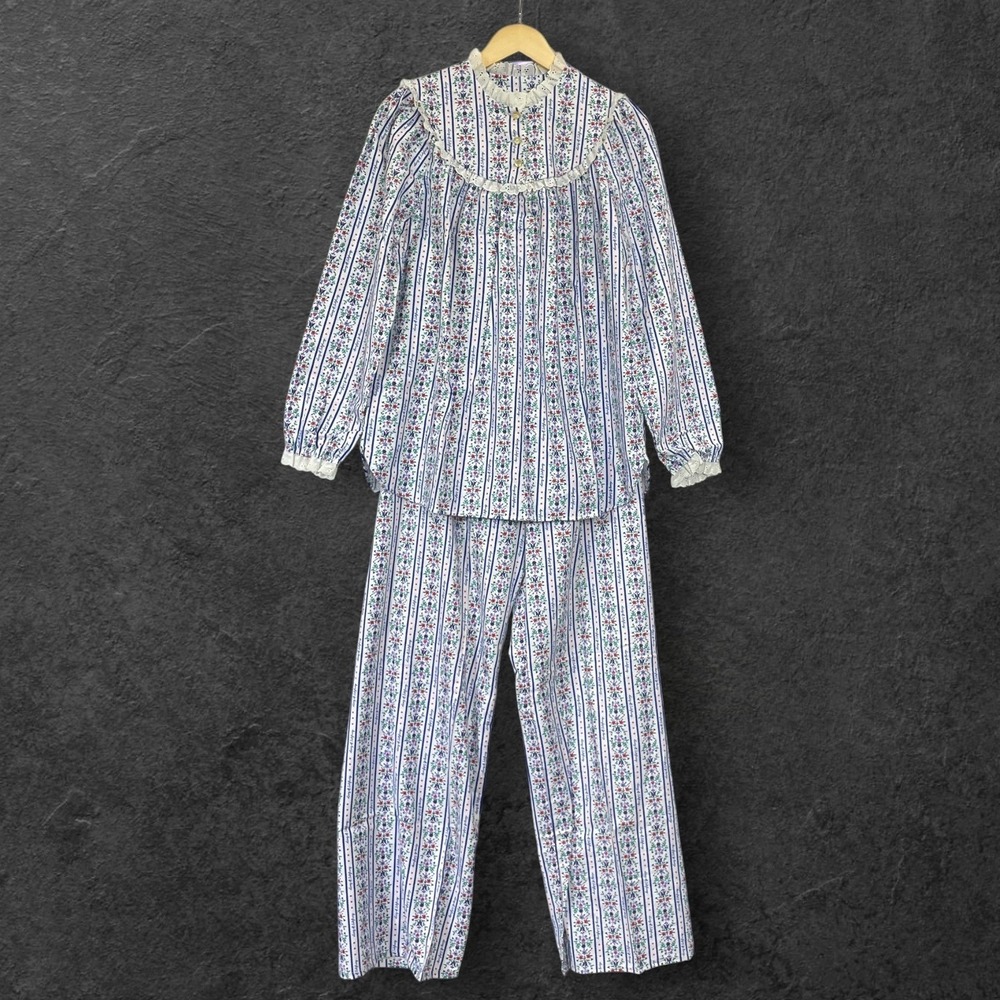 Vintage Lanz Salzburg Pajama Set Floral Stripe Tyrolean Cotton Flannel Womens M